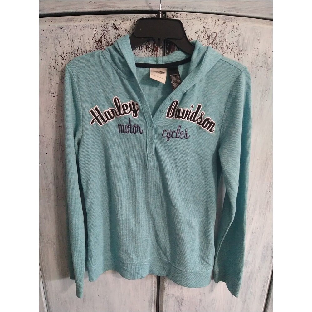 Harley-Davidson Hooded Long Sleeve Top Blue Medium Motorcycle Y2K Embroidered